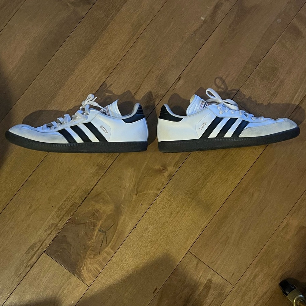 Adidas Men's White and Black Striped Sambas